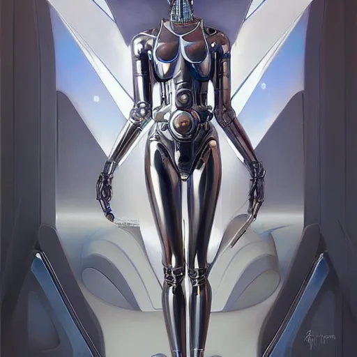 Image similar to scifi futurism automaton minimalism chrome by peter mohrbacher art Hajime Sorayama airbrush hyperrealism