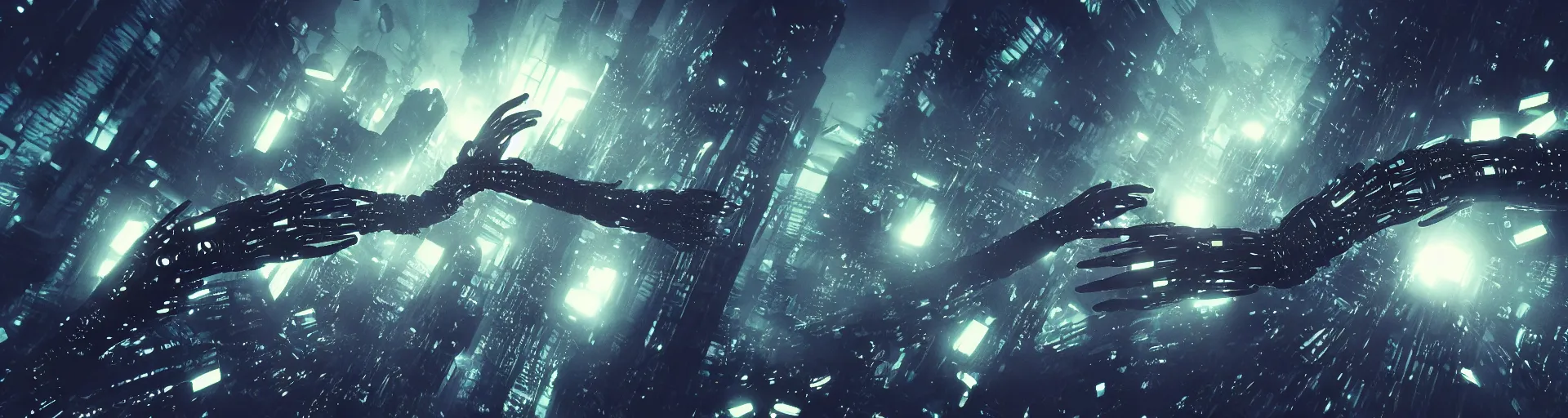 Image similar to apocalyptic ufo scene of cyborg arms with claws reaching out to try and catch fast moving ufos, in the style of blade runner, cyberpunk, laser, smoke, debris