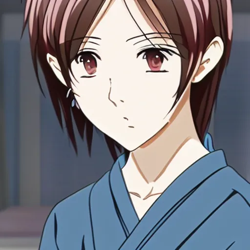 Image similar to Detailed anime key visual of a beautiful Japanese woman with short brown hair, shoulder-length; wearing a white shirt with a floral pattern; Official media