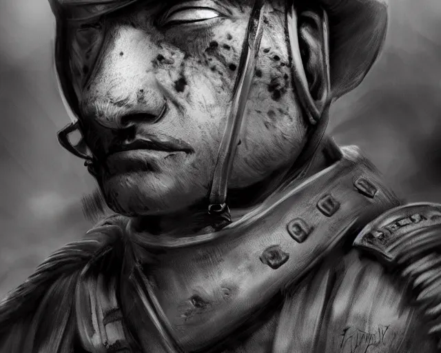 Image similar to A soldier cat warrior in world war one, close-up, realistic face, sharp facial features, mature facial features, black and white, amazing digital art, hyper detailed, artstation, in the style of Tony Sart