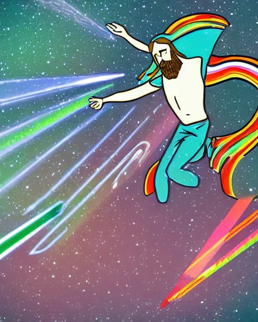 Image similar to Stylized Artistic Render of Jesus flying a unicorn through space while shooting lasers out of his eyes