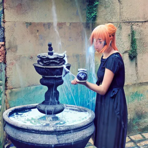 Image similar to anime girl in a greek attire pouring water out of a vase into a fountain, spanish alleyway