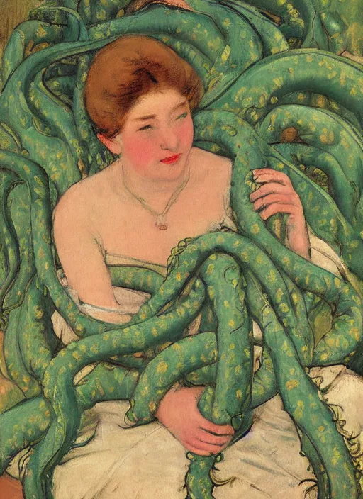 Prompt: vintage beautiful painting of a woman having a nightmare about overgrown green plants and tentacles are attacking her in a winter colour themed palette in Mary Cassatt style