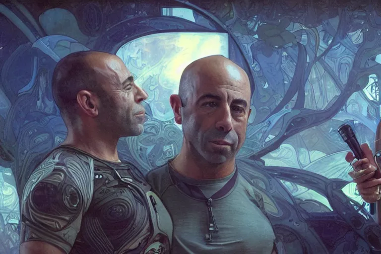 Image similar to joe rogan interviewing an alien, octane render, by greg rutkowski, alphonse mucha, artgerm