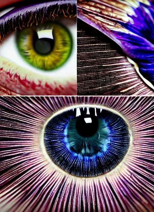 Prompt: montage of thin ringshaped irises, detailed colored textures, eyelashes, advanced art, art styles mix, from wikipedia, wet relections in eyes, sunshine, hd macro photograph, from side, grid o various eye shapes