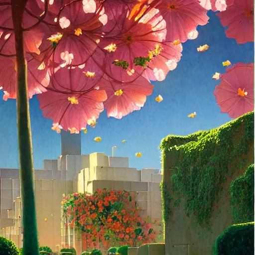 Image similar to a painting of a building surrounded by flowers, a watercolor and matte painting by Beeple and RHADS and maxfield parrish, cgsociety, brutalism, dystopian art, sci-fi, artstation hq