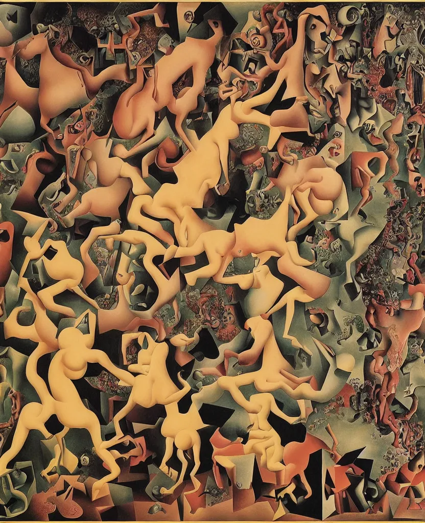 Image similar to the three fates and their horses | pain, pleasure, suffering, adventure, love, life, afterlife, souls in joy and agony disaster, | Japanese pop-surrealism | miracle, love | abstract oil painting, gouche on paper by MC Escher and Salvador Dali on LSD |