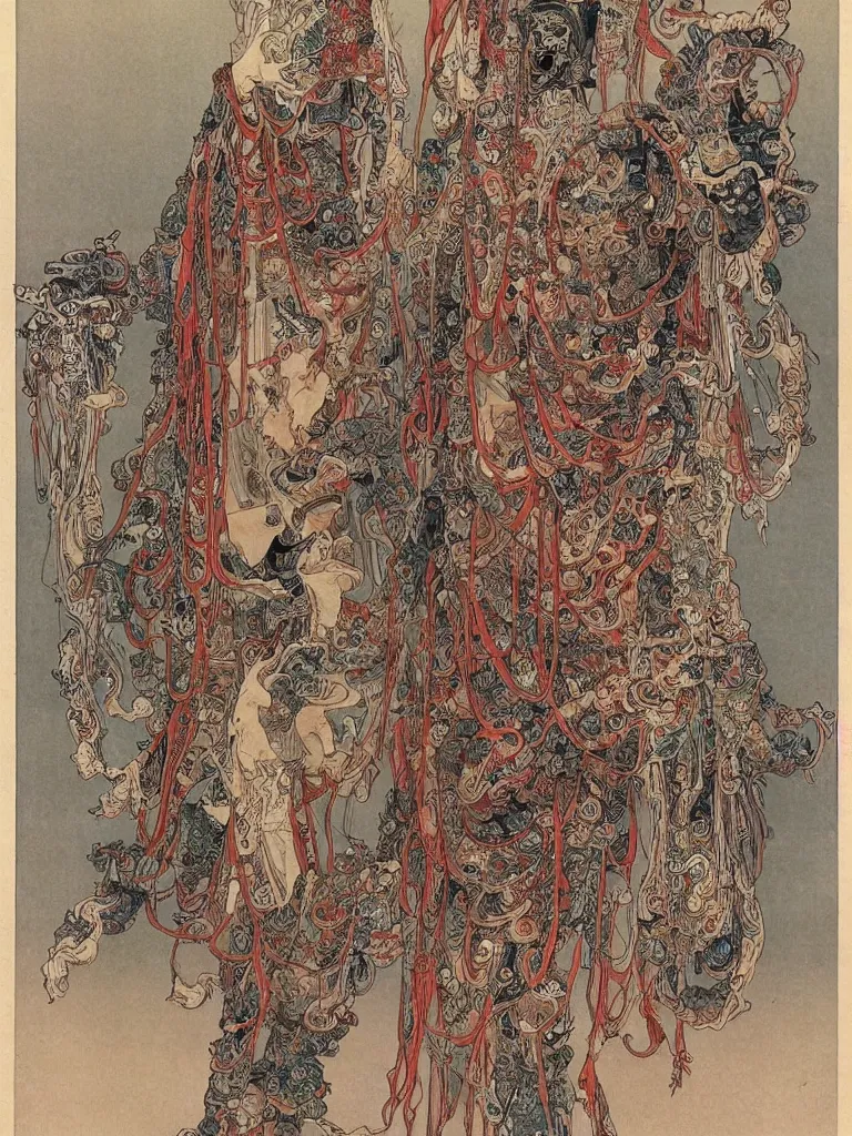 Prompt: ancient chinese zombies with luxuriant full - body official clothes of the qing dynasty, a incredible symmetrical concept design, psychedelic, highly detailed upper body, by mucha, hr giger, zdzislaw