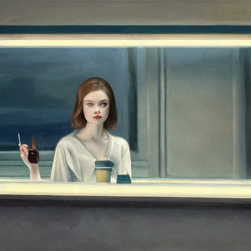 Image similar to Elle Fanning alone in a diner in the world of Edward Hopper, stormy weather, extremely detailed masterpiece, oil on canvas, low-key neon lighting, artstation, Blade Runner 2049, Roger Deakin’s cinematography, by J. C. Leyendecker and Peter Paul Rubens,