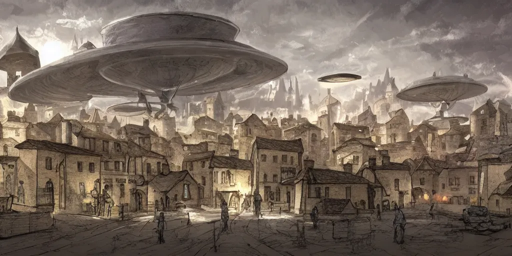 Image similar to ufo's invading a medieval town, view from the street, concept art