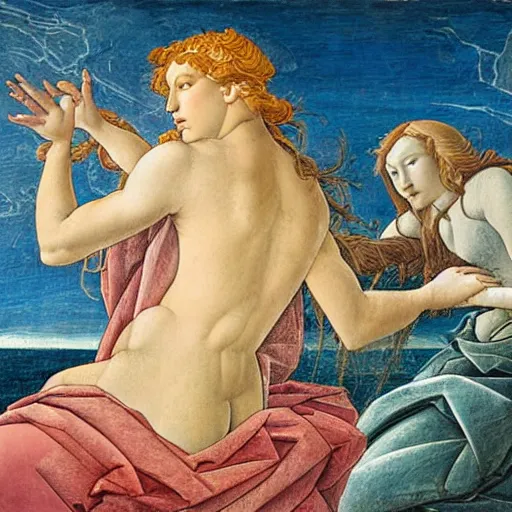 Prompt: neptune amongst the tempest, by botticelli, oil painting, pastel colours, strong contours