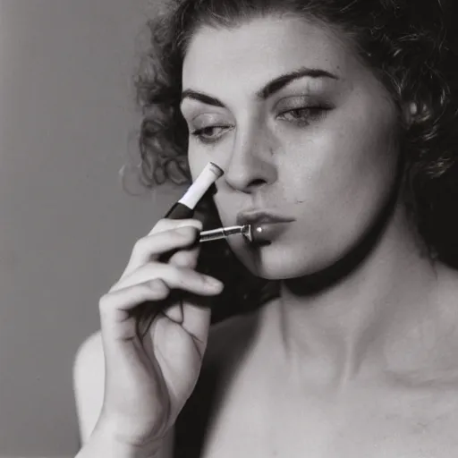 Image similar to Close-up portrait photo of woman smoking a cigarette, retro, kodak film photo