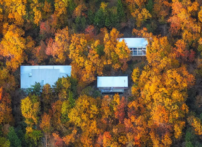 Image similar to low drone shot of a ranch style Juvenile Detention Center middle of the Woods during autumn