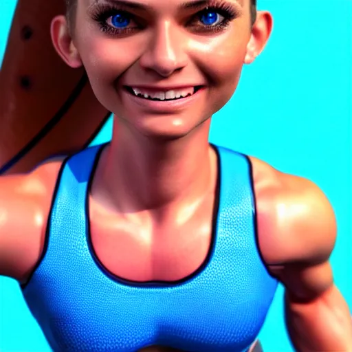 Image similar to hyper realistic full figure of a cute sporty girl, athletic body, six pack, abs, concentrated look, cute smile, highly detailed, detailed face and eyes, blonde, blue eyes, volumetric lighting, 8 k, art photography, sport photography, intricate detailing, award winning, textured skin, symmetric face