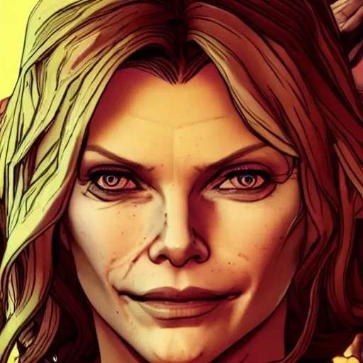 Image similar to michelle pfeiffer portrait, borderlands, tales from the borderlands, the wolf among us, comic, cinematic lighting, studio quality, 8 k