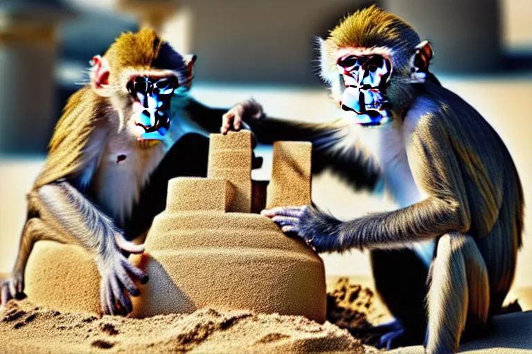 Image similar to a monkey touching a completed sand castle