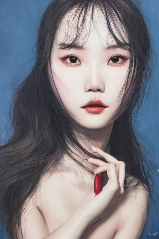 Image similar to close-up portrait of Lee Ji-Eun, captivating, rule of thirds, majestic, created by James Jean, mutiversal tsunami, award winning photo, seductive, captivating, close-up, hot, unreal engine, masterpiece, perfect symmetry, rgb, colorful clouds