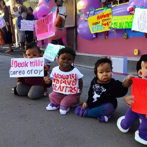 Image similar to babies protesting in front of a daycare center