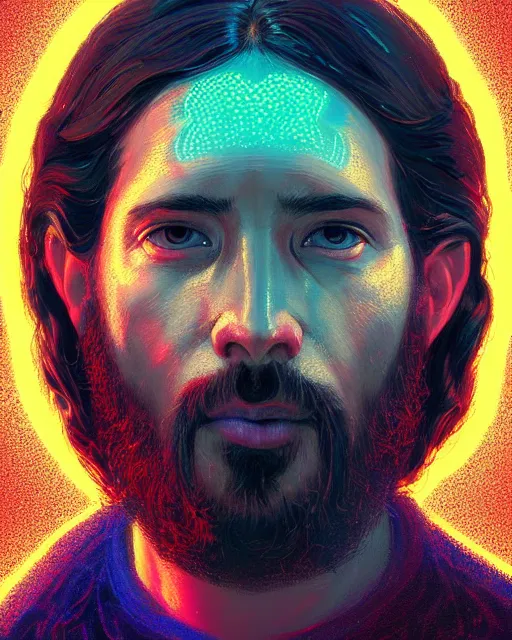 Prompt: portrait of jesus with neon cute giant eyes, intricate abstract. intricate artwork, by tooth wu, wlop, beeple, dan mumford. concept art, octane render, trending on artstation, greg rutkowski very coherent symmetrical artwork. cinematic, key art, hyper realism, high detail, octane render, 8 k, iridescent accents