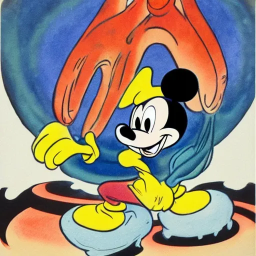 Image similar to mickey mouse is a monster, by carl barks, marc davis and glen keane, watercolor