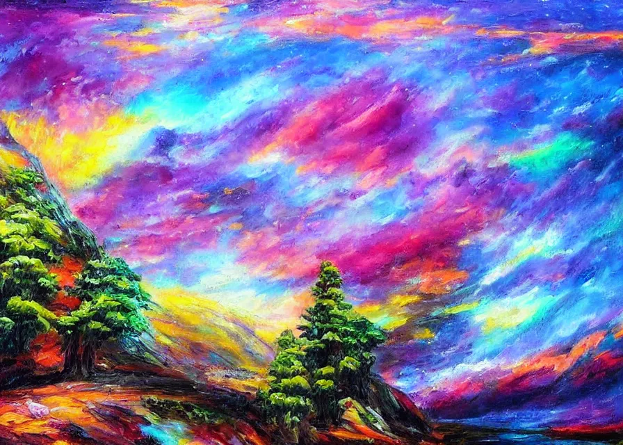 Image similar to beautiful alien landscape, colorful oil painting