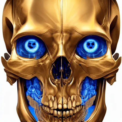 Image similar to hyperdetailed robotic skeleton head with blue human eyes, human eyes, symetry, golden ratio, iconography, intricate, detailed, volumetric lighting, scenery, digital painting, highly detailed, artstation, sharp focus, illustration, artstation, detailed vectorart