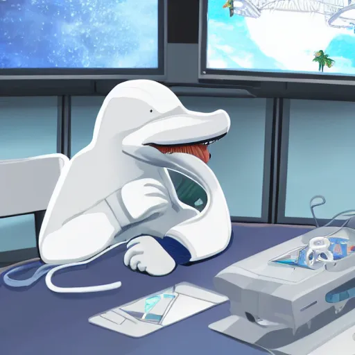 Image similar to An anthropomorphic grey dolphin in a white lab-coat playing games on a computer, digital painting, close-up, wearing a headset