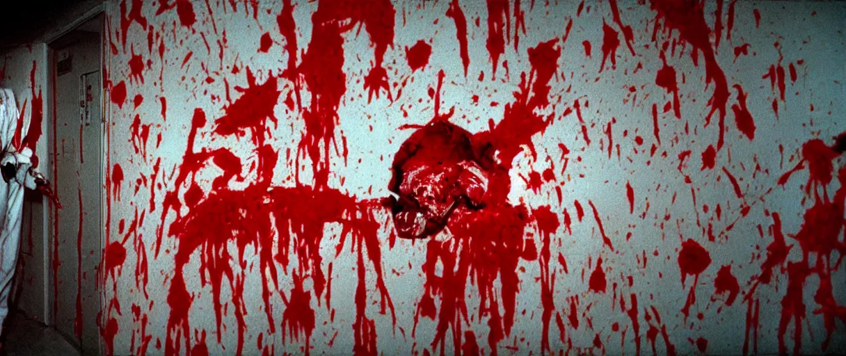 Image similar to filmic wide shot angle movie still 35mm film color photograph of a decapitated doctor with blood spewing from his neck and splattered blood all over the walls in a science lab in the style of a 1982 horror film