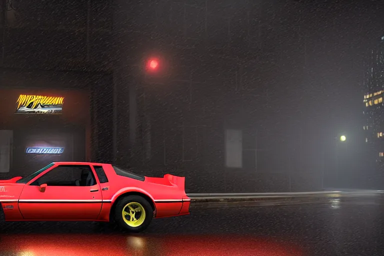 Image similar to hyperdetailed, photorealistic photograph of a 1 9 8 2 pontiac firebird trans - am drifting in the streets, rain, night, dense fog, hd, unreal engine 5 by greg rutowski, by stanley artgerm, by alphonse mucha