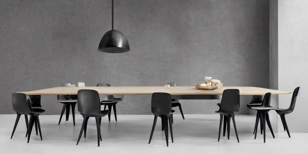 Image similar to black dinner table with modern wooden chairs designed by zaha hadid, product image, photography