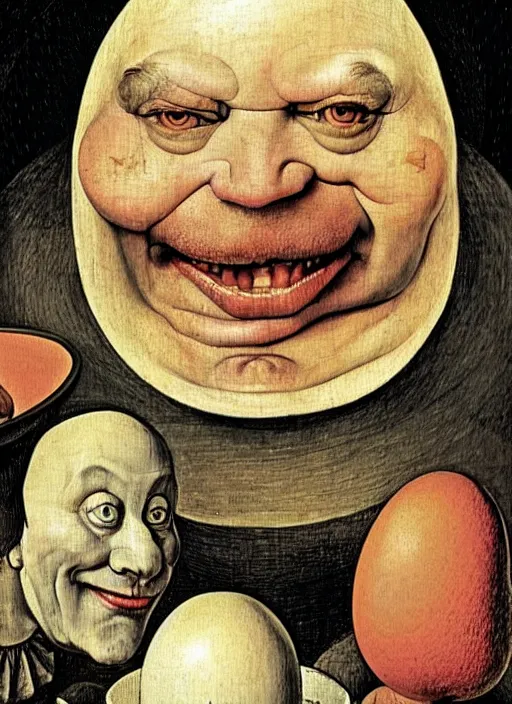 Image similar to carton of gregs'eggs with silly round humpty dumpty jack black facial expressions, realistic, by hieronymus bosch and pieter brueghel