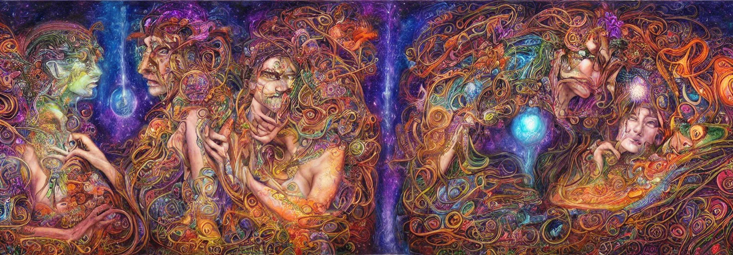 Image similar to two psychedelic shamans intertwined in a cosmic entanglement by Josephine Wall and Daniel Merriam, Artstation