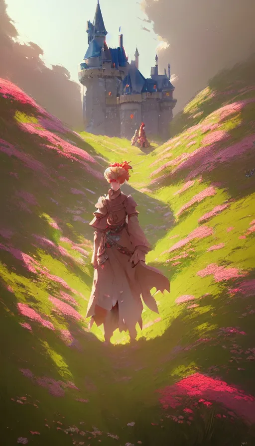 Image similar to a castle in a field of whire flowers by jesper ejsing, ilya kuvshinov, greg rutkowski on artstation