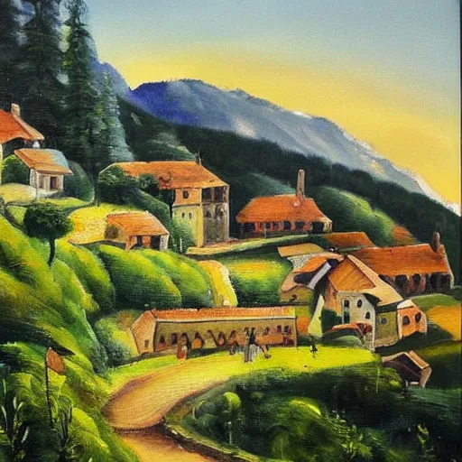 Prompt: A beautiful painting of a village in the mountains, artwork