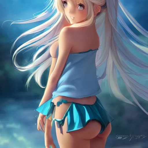 Image similar to a very beautiful young anime princess girl, full body, long wavy blond hair, sky blue eyes, full round face,, bikini, miniskirt, front view, mid - shot, highly detailed, cinematic wallpaper by stanley artgerm lau