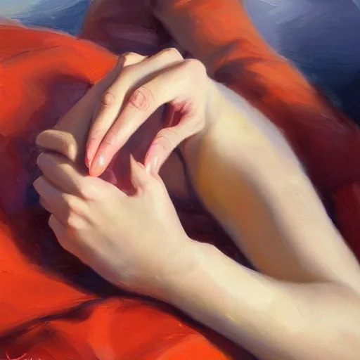 Image similar to a woman's hand, anatomically correct, relaxed pose, morning, highly detailed, ultrarealistic oil painting, vladimir volegov, artstation