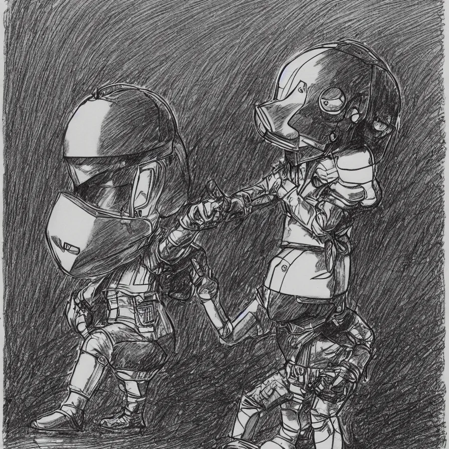 Image similar to sketch of a cute chibi dnd daft punk gnome wearing a helmet, dancing, etching by louis le breton, moebius 1 8 6 9, 1 2 0 0 dpi scan