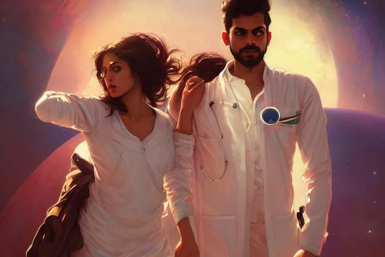 Image similar to Sensuous good looking pale young Indian doctors wearing jeans in a space station above Earth, portrait, elegant, intricate, digital painting, artstation, concept art, smooth, sharp focus, illustration, art by artgerm and greg rutkowski and alphonse mucha