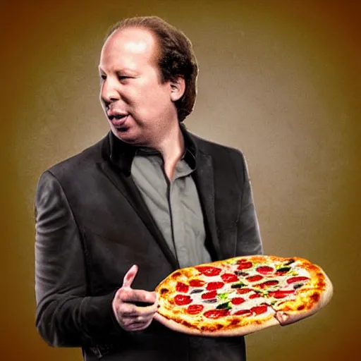 Prompt: A pizza eating Hans Zimmer, digital art