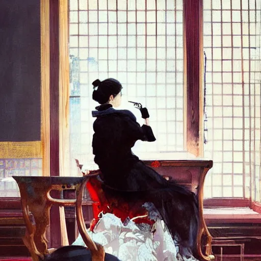 Image similar to painting by wlop, conrad roset, coby whitmore, and chie yoshii. of a pretty cute japanese beauty sitting on antique chair leaning against a desk, sideview, victorian room