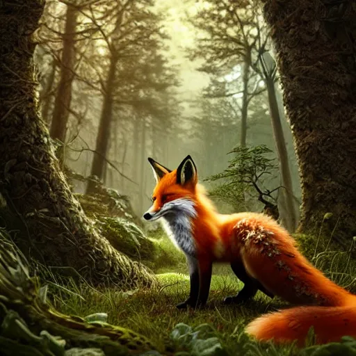 Prompt: fox in a forest with a snakeskin tail, ultra realistic, concept art, intricate details, eerie, highly detailed, photorealistic, octane render, 8k, unreal engine, art by artgerm and Blaz Porenta