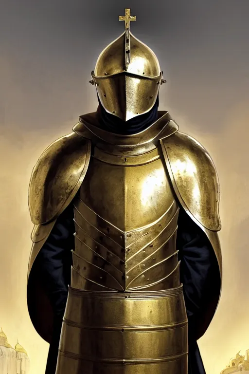 Prompt: man looking forward in iron decorated with gold baroque style christian crusader plate armor, cylindrical crusader great helm covering all his head and white cape covering most of his body standing at the gates of jerusalem drawn by greg rutkowski realistic high detail