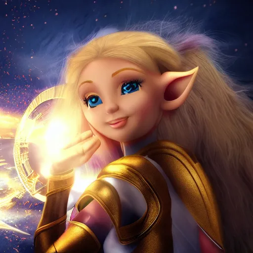 Image similar to an elf woman flies above a battlefield, clutching a ball radiating golden energy. Soft smile, closed eyes