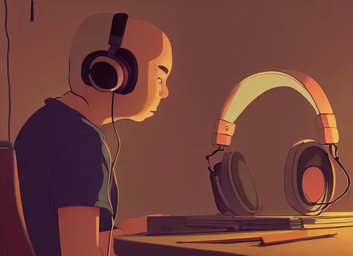 Image similar to man with headphones at his home studio producing music late at night, very detailed, 4 k, cory loftis, james gilleard, atey ghailan, makoto shinkai, goro fujita, studio ghibli, rim light, exquisite lighting, clear focus, very coherent