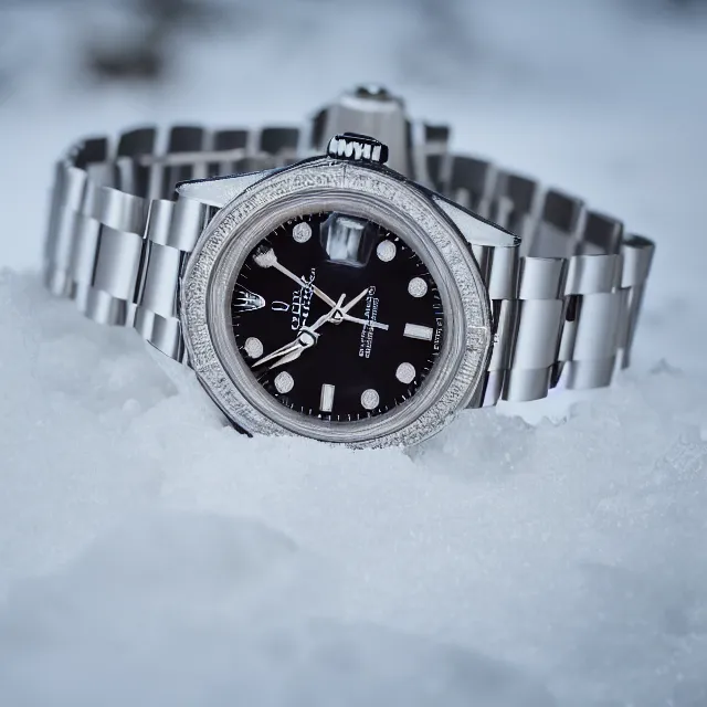 Prompt: a rolex covered in ice, buried in the snow. photo, canon, 8 k hd