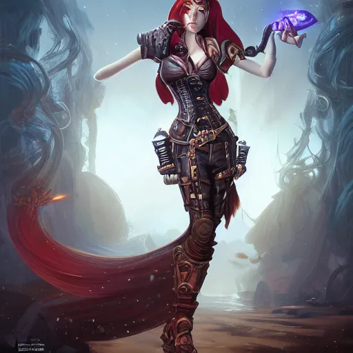 Prompt: Portrait of a female steampunk detective with long flowing red hair in World of Warcraft, cover art, ultra wide lens shot, pretty, beautiful, DnD character art portrait, matte fantasy painting, DeviantArt Artstation, by Jason Felix by Steve Argyle by Tyler Jacobson by Peter Mohrbacher, cinematic lighting, unreal engine, octane render, realistic lighting