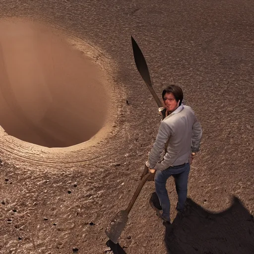 Image similar to tom cruise digging a giant hole with a shovel in a desert, photorealistic, unreal engine