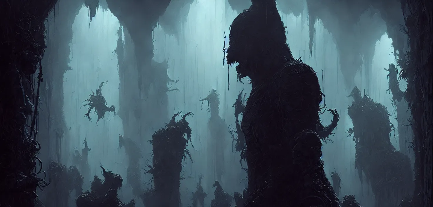 Prompt: wizard in the dark dungeon by denis villeneuve, wayne barlowe, simon birch, marc simonetti, philippe druillet, beeple, bright volumetric sunlight from small windows, rich moody colors, closeup, bokeh, noir