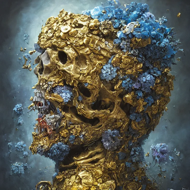 Image similar to A beautiful oil painting hyperrealism of a rotting zombie king, gold throne , grey beard, blue veins, skull bones flowers, 8k resolution, octane render, Trending on artstation, by Gediminas Pranckevicius, volumetric light 2blue fractal Thunder glow by dan mumford, anaglyph effect, Laurie Lipton