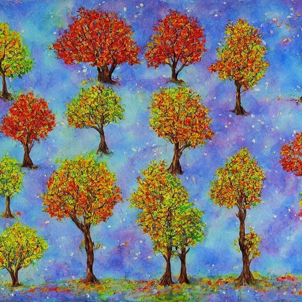 Image similar to a beautiful painting of one single tree representing all four seasons. Spring, Summer, Autum, Winter.